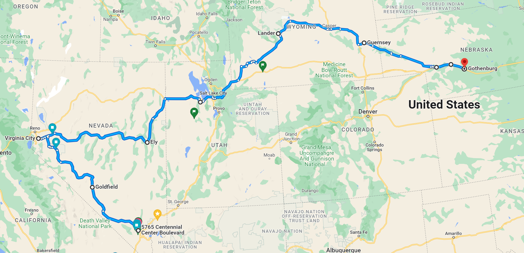 2022 Lincoln Highway Trip, Outbound Map